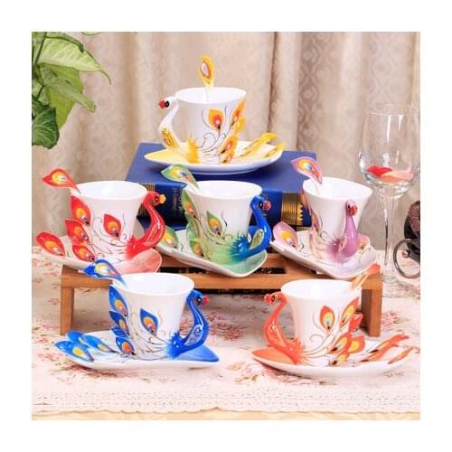 200ml Peacock Enamel Porcelain Coffee Set Ceramic Tea Milk Cups and Saucers With Spoons Creative China Bone Drinkware Gift
