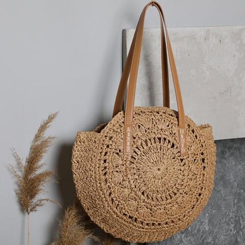2021 Summer Round Straw Bags for Women Rattan Shoulder Bag Girls Handmade Woven Beach Handbags Female Large Capacity Totes Bag