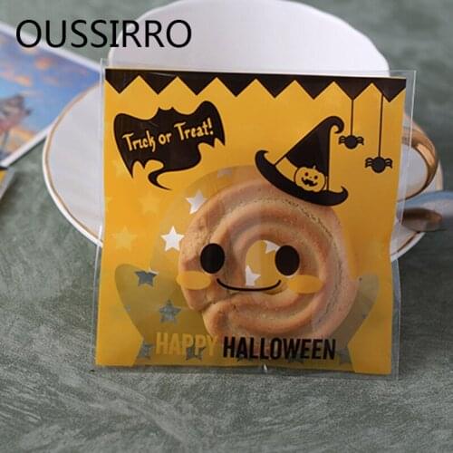 25PCS Halloween Smile Face Pumpkin Biscuits Plastic Bags Cookies Cake Self-adhesive Packaging Bags Wedding Party Candy Gift Bags