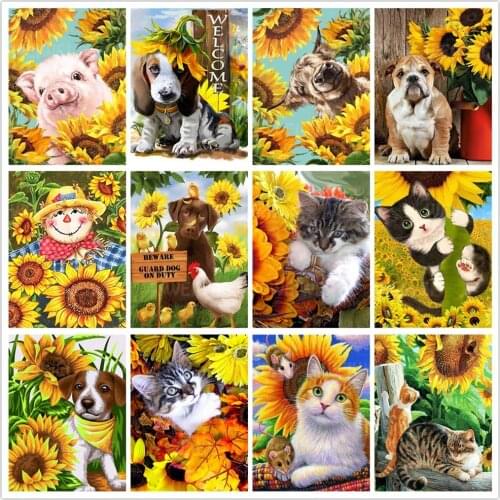 Sunflower Animal Diamond Painting for Adults Dog Cat Diamond Painting Kits Mosaic Rhinestones Full Square Round Drill Embroidery