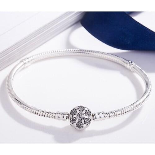 Authentic 925 Sterling Silver Pan Bracelet Creative Crystal Snow Buckle Snake Bone Chain Fit Charm Women Jewelry