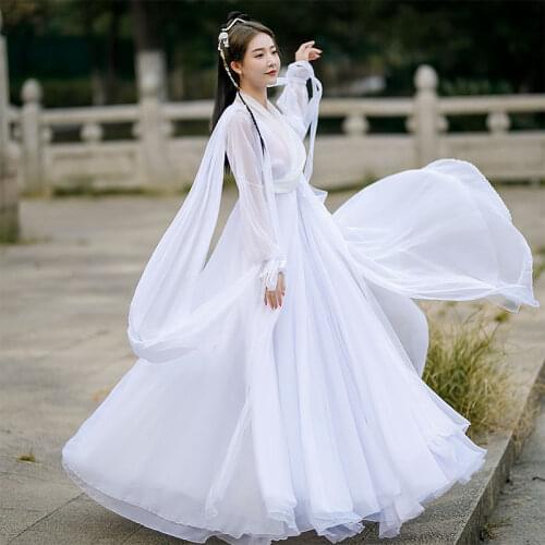 XinHuaEase White Ancient Costume Hanfu Womens Elegant Fairy Chinese Style Improved Dress Womens Ancient Style Cross Collar