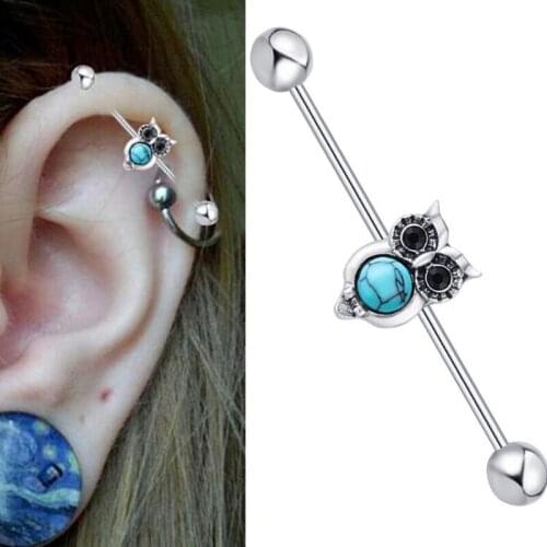 1 Piece 14G Stainless Steel Night Owl Long Straight Industrial Barbell Rings Animal Tragus Ear Piercing Bar Lips Body Jewelry
