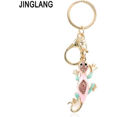JINGLANG Classic Gold Color Metal Lobster Clasp Keyring Dangle Crystal Enamel Animal Gecko Keychains For Men Luxury Jewelry