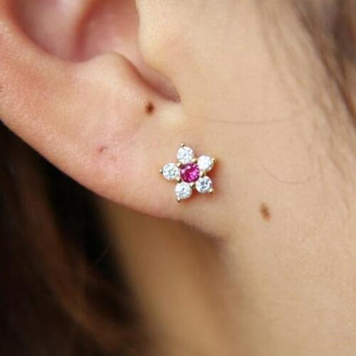 Nice 925 Sterling Silver flowe tiny cz stud earrings women girls fancy jewelry red cz tiny mini simple cute flower chic studs