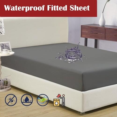 Polyester Pongee Waterproof Fitted Bed Sheet Solid Pure Color Bed sheet Twin/Full/Queen/King Watertight Fitted sheet 8 Colors