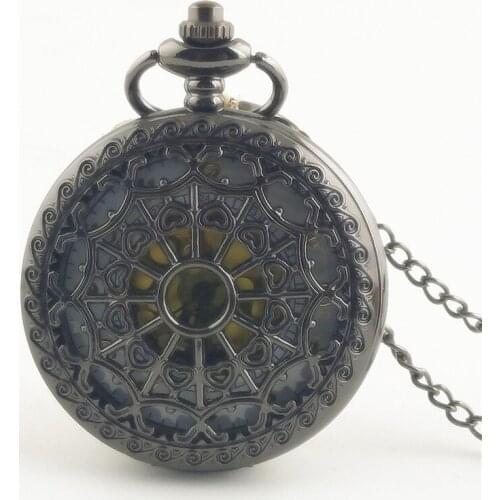 50pcs/lot Hot Sell Hollowed Black Hollowed Web Quartz Pocket Watch Gold Dial Men Women Wacthes with Chain
