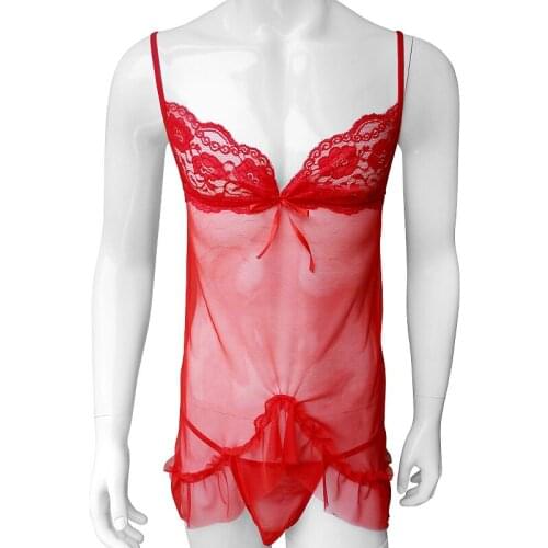 Sexy Sissy Lingerie Lace Babydoll G-String Thong Sexy See Through Mesh Underwear Men Nightwear Chemises Sexy Sleepwear Set