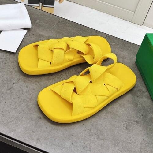 Girl Woven Elastic band Leisure Summer Shoes Women Two Ways Slippers Slides Fashion 2021 Narrow Band Causal Sandals Flat With