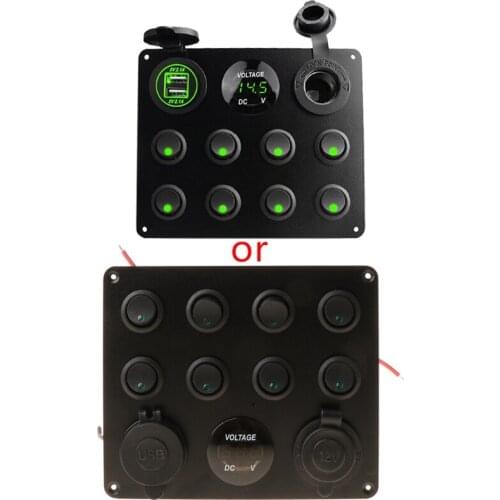 8 Gang Rocker Switch Panel LED Toggle Circuit Breakers for Marine Boat Car Trunk Dual USB Charger Socket LED Voltmeter F19A