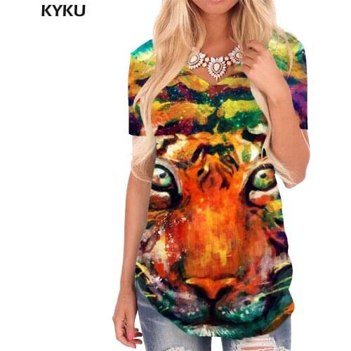 KYKU Tiger T-shirt women Animal Funny T shirts Colorful Shirt Print Graffiti V-neck Tshirt Womens Clothing Summer Loose New