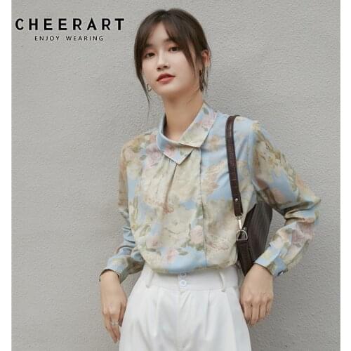 CHEERART Vintage Floral Print Korean Blouse Women Long Sleeve Top Button Up Skew Collar Shirt Fall 2020 Ladies Top Clothing