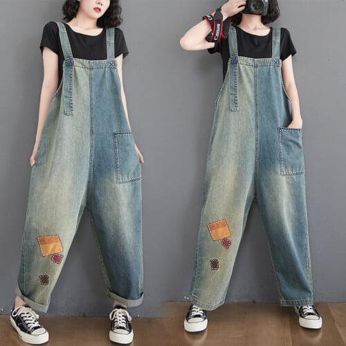 #2324 Denim Wide Leg Jumpsuit Women Loose Patchwork Rompers Vintage Denim Overalls For Women With Pockets Spring Summer