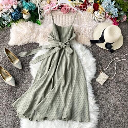 Women Striped Summer Dress Fashion A Line Sling Beach Dresses High Waist Female Robe Pocket Vestidos Woman Clothing 2021 Atopos
