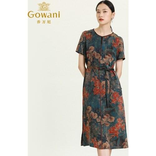 Gowani Summer Womens Chinese Style Retro Floral Printed Belted Short Sleeve Silk Midi Dress