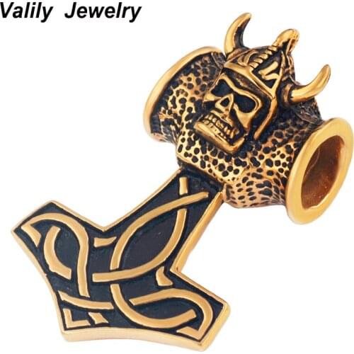 Gold Punk Biker Thors Hammer Pendant Necklace,Stainless Steel Orc Viking Skull Vintage Necklace for men