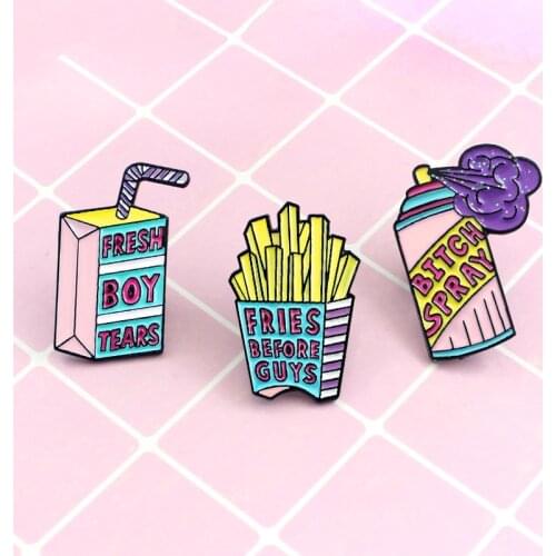 2019 cartoon Fresh boy tears Fries before guys spray Enamel pin Pink purple Brooches Shirt Button badge Gift for women jewelry