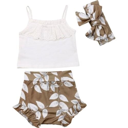 0-24M Infant Baby Girls Clothes Sets 3pcs Lace Vest Tops Floral Short Headband Outfits Clothes Summer