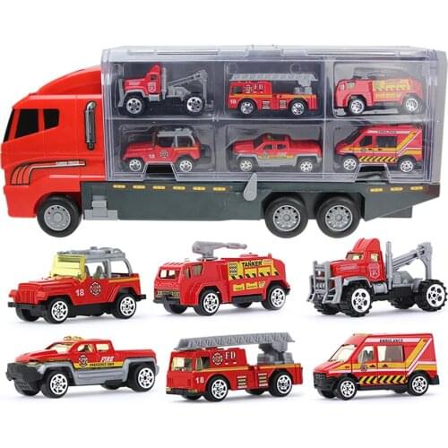 7 pcs/set Alloy Fire Truck Model Toys Diecast Container Truck Combination Vehicles Educational Toys For Boys Children Gift