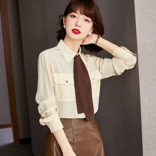 Autumn Fashion Women Ribbon Silk Blouses Shirts Elegant Female Slim Long Sleeve Pockets Shirt Tops Blusa