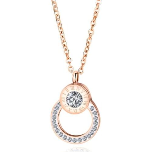 Stainless Steel Rose Gold Round Roman Numerals Cubic Zirconia Women Delicate Pendant Necklace Jewelry Gift For Him with Chain