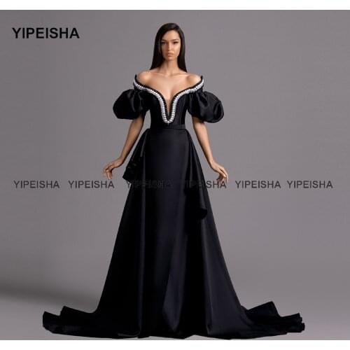 Yipeisha Off-shoulder Black Detachable Prom Dresses with Pearls Puff Sleeves Long Evening Gown Removable Party Dress