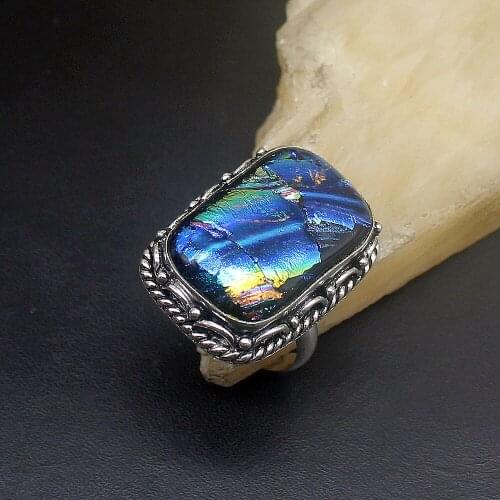 Hermosa Jewelry Solitaire Unique New Dichroic Glass Silver Color Wedding Charms Band Ring For Women Men Size 8.5 FQ146