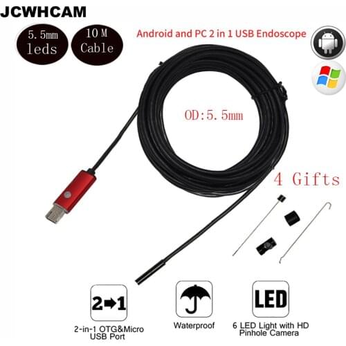 JCWHCAM 5.5mm HD 10m Cable USB Android Endoscope Inspection Tube Snake Mini Endoscopio Camera IP67 Waterproof Android Endoskop