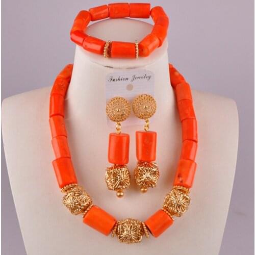 Pretty orange nigerian coral beads african jewelry set C21-38-01