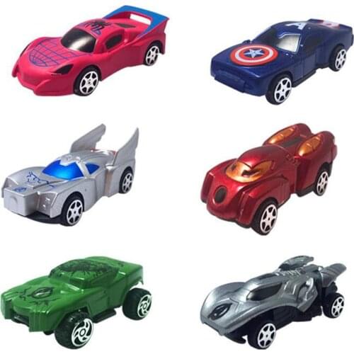 6 Pcs/Set The Avengers Chariot Set Iron Hulk Loki Spider-man 1:64 Diecast Plastic Car Model Toy Suit For Children Gifts