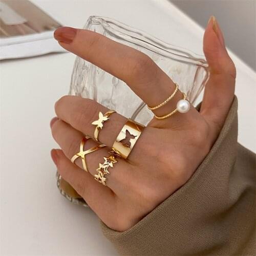 Bohemia Butterfly Hollow Ring Stars Set Pearl Gold Color Hip Pop For Women Vintage Cross Chain Knuckle Joint Ring Jewelry Gift