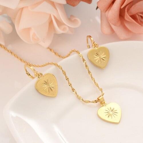 NEW HOT Romantic Heart sunflower Pendant Necklace chain Earrings sets Jewelry 9 k Real Fine G/F Gold Bead Necklaces Sets Women