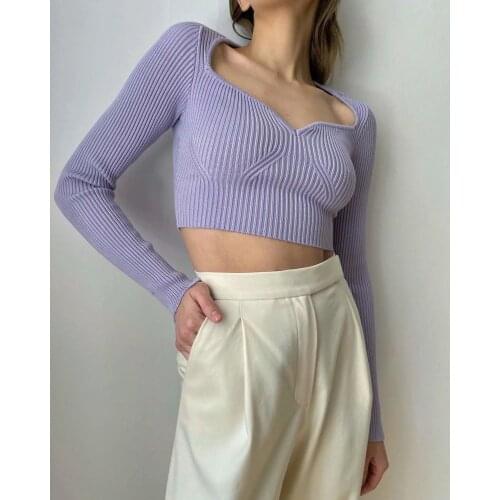 2021 Autumn Winter Short Square Collar Thin Knitted Pullovers Sweater Loose V-Neck Long Sleeve Women New Fashion 13U090