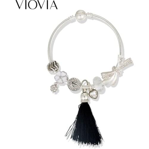 VIOVIA Silver Color Bangles With Tassel Beads of Flowwer for Women Bransoletki Damskie Fit Original Bracelets Pulseira B19054