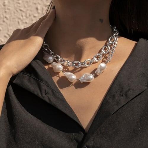 Womens Neck Chain Pearl Necklace Women Gold Silver Colors Punk Accessories Trend Goth Thick Chains Woman Earring Jewelry