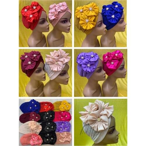 Sweet Ladies Big Flower Bandana Hat Muslim Stretch Pearl Bandana Hat Ladies Hair Accessories Indian Hat For Wedding 12pcs/pack