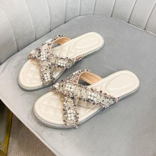 Large Size Women Vintage Pearl Boho Sandals Summer Shoes Flat Pearl Sandals Comfortable String Bead Slippers Casual Sandals38-43