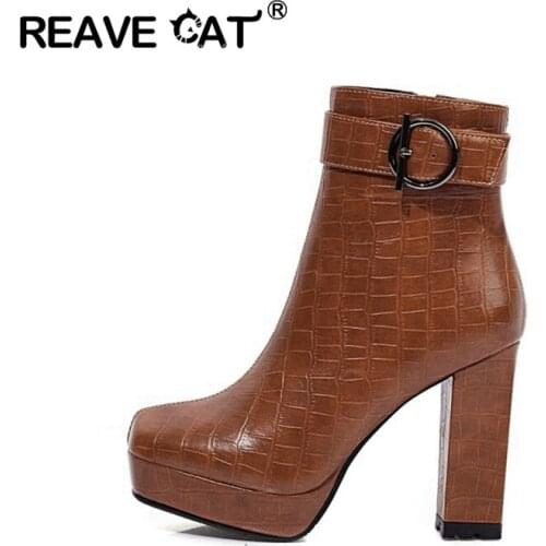 REAVECAT Winter Warm Mid-Calf boots Square toe Chunky heels Zipper Checkered Buckle Big size 33-43 Black Brown Daliy Work A3107
