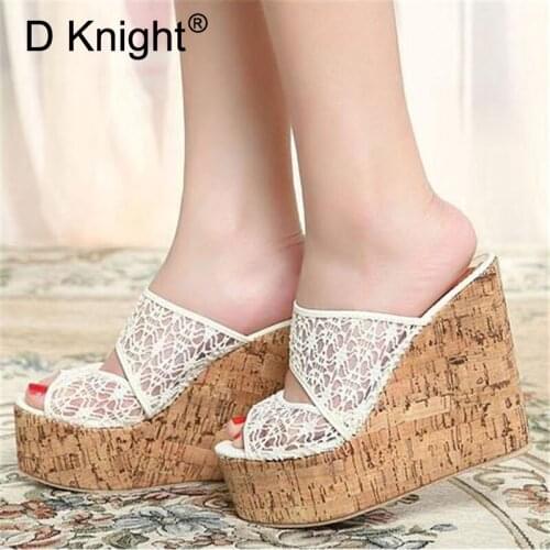 2021 Summer Peep Toe Wedges Slippers White Black Womens High Heeled Slides Korean Lace Female Platfform Sandal Shoes Size 31-43
