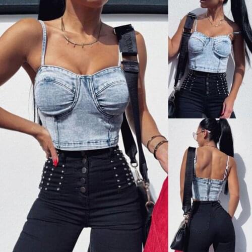 Womens Sexy Slim Denim Camisole Solid Color Vintage Wrapped Chest Zipper Exposed Navel Backless Chic Stylish Sling Tops
