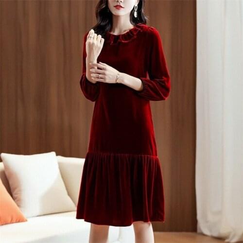 2020 Hot sale Fashion womens Velvet dress High Street Solid Velour Mid-Calf Dress Wrist Sleeve A-Line Dress Plus Size M-7XL