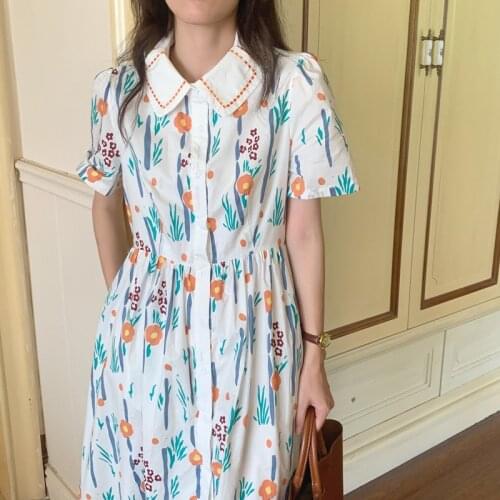 2021 Women Summer Sweet Floral Long Shirt Dress Peter Pan Collar Embroidery High Waist A-line Sundress
