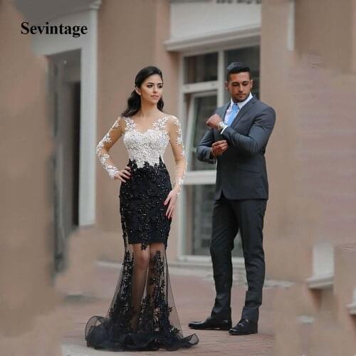 Sevintage Mermaid White and Black Evening Dresses Lace Tulle Long Sleeve Evening Gown Formal Prom Dress vestidos elegantes