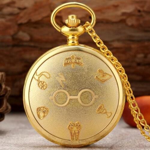 Golden Quartz Pocket Watch Male Cute Glasses Pattern Covered Classic Black Dial Ladies Pocket Watch Durable Slim Pendant Gifts