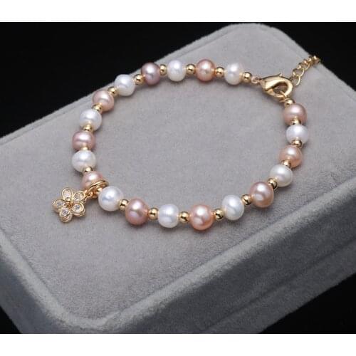 New Handmade Natural Freshwater Pearl Bracelet Natural Freshwater Pearl Flowers Charms Bracelet For Girl Birthday Present