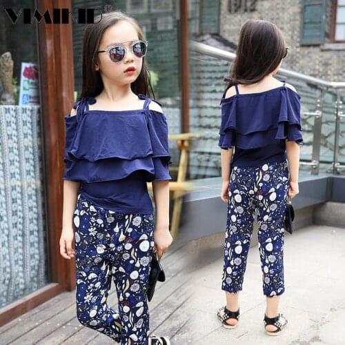 Childrens Clothing Suit For The Big Girl Floral Suspenders Tops Pants 2-piece Set Rural Clothes Set 4-10years
