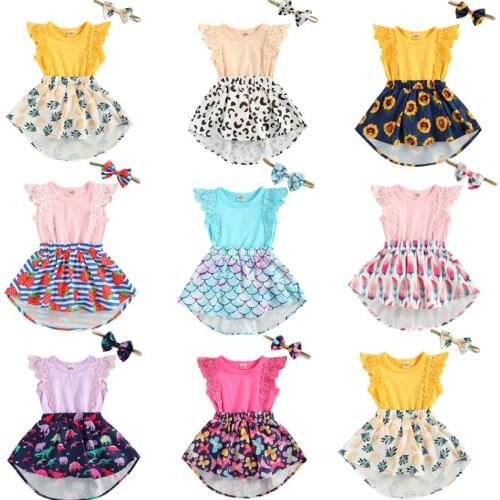 2021 Summer Newborn Baby Girls Romper Dress Leopard Flowers Print Ruffles Lace Fly Sleeve Jumpsuits Dress+Headband