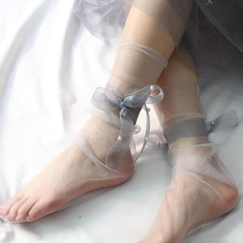 Summer Transparent Ultra-Thin Tulle Socks Women Sparkle Pearls Bow Lace Up Funny Socks Girl Thin Bead Gauze Mesh Glass Yarn Sock