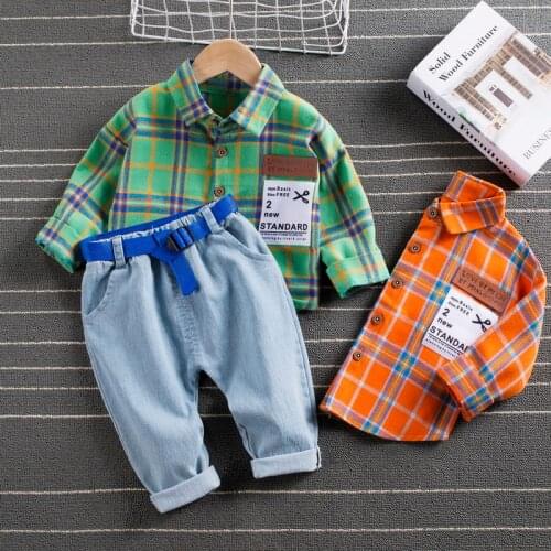 Fashion Boys Shirt New Plaid Style Kids Long Sleeve Shirts + Jeans Pants Childrens Cotton Clothes Baby Boy Girls 2PCS Suit