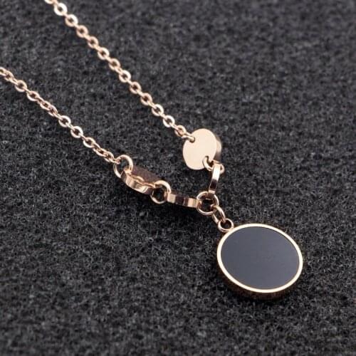 Fashion Stainless Steel Rose Gold Color Black Round Love Coin Pendant Necklace Women Lady Party Gift